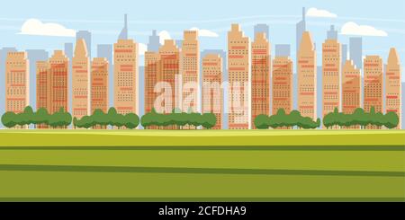 Cityscape Background Modern City Panorama With Over Skyscrapers Skyline Silhouette Cartoon Vector Illustration Stock Vector