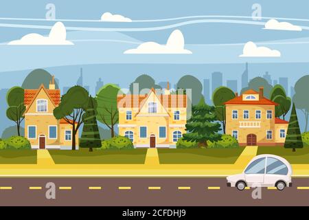 Suburban village of big city, trees, road, sky and clouds. Real estate, sale and rent house, mansion. Cottage Real Estates Cute Town Concept Cartoon Stock Vector