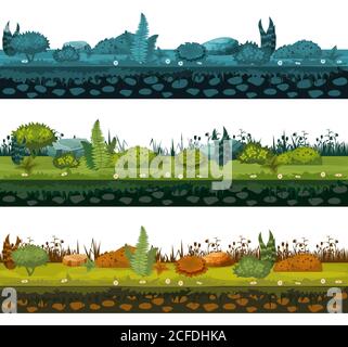 Set of different types of of soil and land with different types of vegetation, grass, foliage for development of ui games, applications, vector Stock Vector