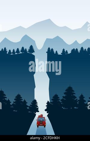Highway drive with beautiful mountain spruce forest landscape, road through the canyon. Highway drive adventure travel Summer driving. Mountains Stock Vector