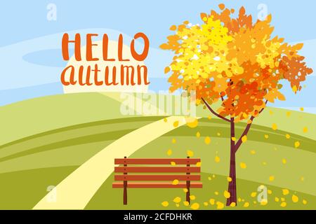 Autumn landscape, Hello autumn letterung, tree with fallen leaves, wooden bench, panorama, autumnal mood, yellow, red, orange leaves, cartoon style Stock Vector