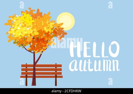 Autumn landscape, Hello Autumn lettering, tree, wooden bench, autumnal mood, yellow, red, orange leaves, cartoon style, vector, illustration, isolated Stock Vector