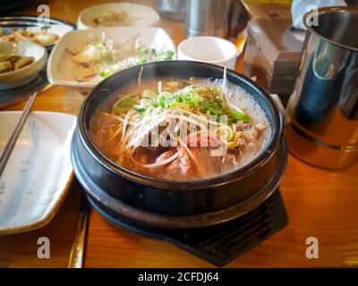 Haemultang, or seafood stew in Seoul, South Korea. Soup-based dish packed with seafood including octopus, scallops, shrimps, clams, and abalones. Stock Photo