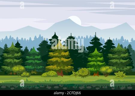 Vector cartoon illustration of the spruce forest for the game UI. For print, create videos or web graphic design, user interface, card, poster. Stock Vector