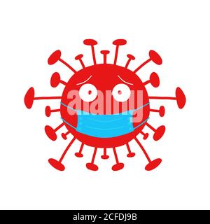 Red cartoon coronavirus bacteria with blue face mask. Isolated on white background. Vector stock illustration. Stock Vector