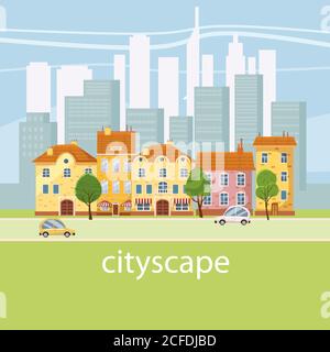 Urban landscape with large modern buildings and suburb with private houses. Street, highway with cars. Concept city and suburban life. Vector, cartoon Stock Vector