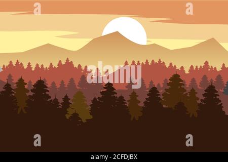 Forest, mountains, silhouettes of pine trees, firs, panorama, horizon, vector, illustration, isolated Stock Vector
