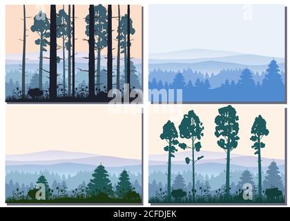 Set cards Forest, silhouettes, trees, pine, fir, nature, environment, horizon, panorama, vector, illustration, isolated Stock Vector