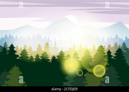 Pine forest and mountains vector backgrounds. Panorama landscape spruce silhouette illustration, vector, isolated Stock Vector