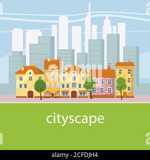 Urban landscape with large modern buildings and suburb with private houses. Concept city and suburban life. Vector, cartoon style, isolated Stock Vector