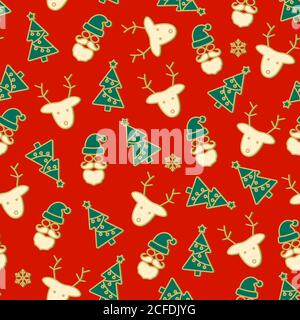 Beautiful Christmas red seamless pattern. Deer, Santa and Christmas tree. Stock Vector