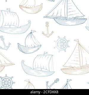 Boat graphic blue brown color sketch seamless pattern illustration vector Stock Vector