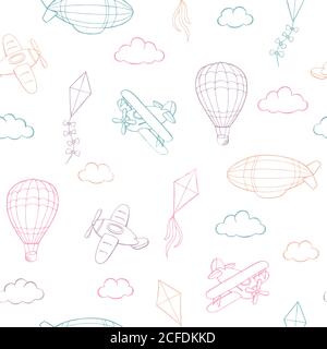 Flying airplane balloon kite cloud graphic color sketch seamless pattern illustration vector Stock Vector