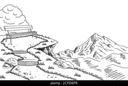 Mountain park graphic black white bench landscape sketch illustration vector Stock Vector