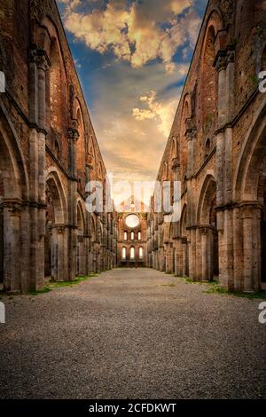 Europe, Italy, Abbazia di San Galgano, Monticiano, Tuscany, Ruin of abandoned abbey, Stock Photo