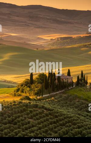 Europe, Italy, Val d'Orcia, San Quirico, Pordere Belvedere, Agritourismo, Tuscany, Tuscan Landscape, Stock Photo