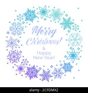 Wreath from Blue snowflakes with text Merry Christmas and Happy New Year Stock Vector