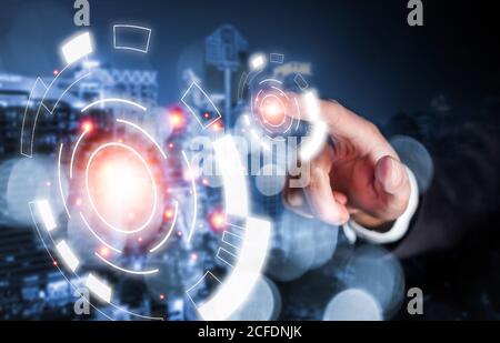 success businessman touch on digital icon media screen for future business in bigdata technology connection internet for creative idea with blur offic Stock Photo
