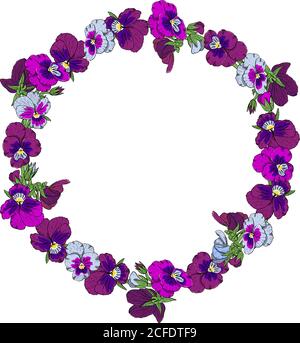 Hand drawn colorful pansy flowers circular wreath. Stock Vector