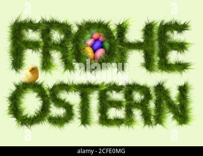 Grass, grass type, Happy Easter, Easter basket, nest, Easter eggs, chick, homemade, decoration Stock Photo