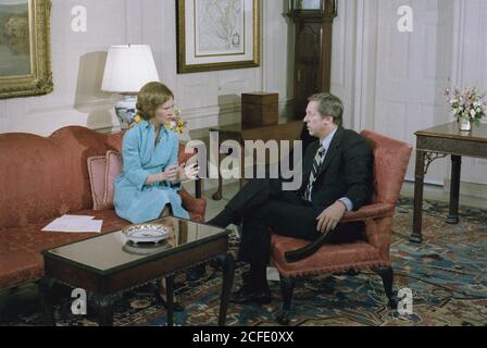 'Rosalynn Carter with David Hartman fro ''Good Morning America'' interview. ca.  04/27/1978' Stock Photo