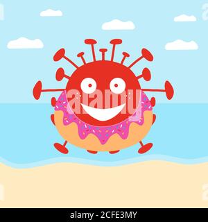 Red cartoon coronavirus bacteria in donut swimming circle on the beach. Isolated on white background. Vector stock illustration. Stock Vector