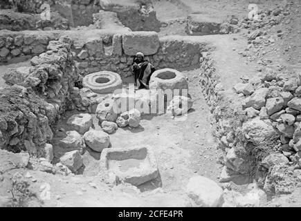 Original Caption:  Excavations at Tell Beit Mirsim (Kirjath-Sepher) 1926. Layers of high place used later for dyeworks  - Location: Israel--Debir (Extinct city) ca.  1926 Stock Photo