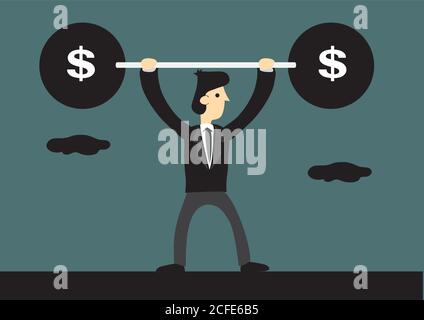 Skinny businessman lifts up heavy barbell with dollar sign. Creative cartoon vector illustration for business financial strength concept. Stock Vector