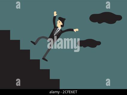 Cartoon businessman falling down the steps of staircase in outdoor setting. Creative vector illustration for business concept. Stock Vector