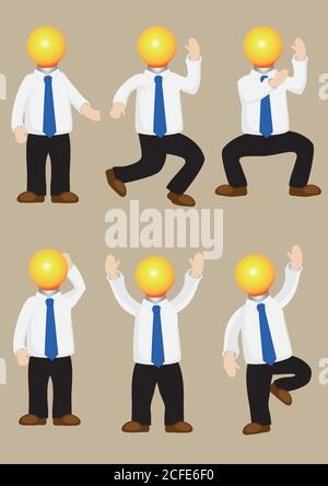 Set of vector illustration of cartoon man wearing white long sleeve shirt and black pants with lightbulb as his head. Concept for resourceful man with Stock Vector