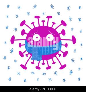 Cartoon coronavirus bacteria in blue scarf with snowflakes. Isolated on white background. Vector stock illustration. Stock Vector