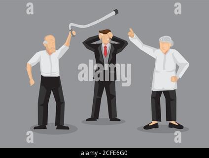 Old man and old woman in argument with stressed up young man standing between them in dilemma. Cartoon vector illustration on conflict between old peo Stock Vector