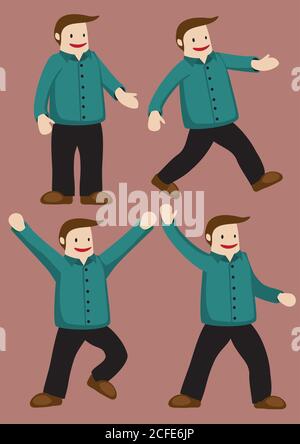 Set of four vector illustration of a cheerful plus size cartoon man in green long sleeved button shirt and pants in different poses isolated on brown Stock Vector