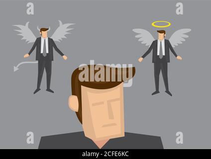Businessman with angel and devil version of himself above his head. Conceptual vector illustration for business dilemma and indecisiveness isolated on Stock Vector