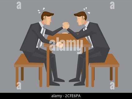 Two cartoon business executive trying hard to win each other in arm wrestling. Vector illustration isolated in grey background. Stock Vector