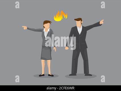 Businesswoman and businessman pointing in opposite direction with fire symbol between them. Vector illustration on disagreement concept isolated on gr Stock Vector