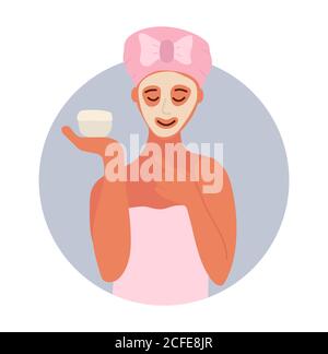 girl after shower holds cream jar in her hands. white mask on her face. Self-care concept, cosmetology, cosmetics. Cartoon hand drawn vector Stock Vector