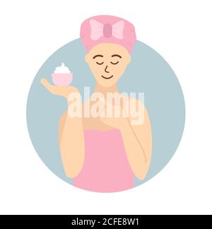 girl after shower holds cream jar in her hands. smile. Self-care concept, cosmetology, cosmetics. Cartoon hand drawn vector illustration isolated on Stock Vector