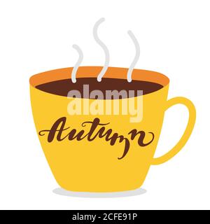 large yellow cup with a hot drink and the inscription Autumn. brown Hand writing lettering. Steam rises above the cup, aroma. Hand drawing cartoon Stock Vector