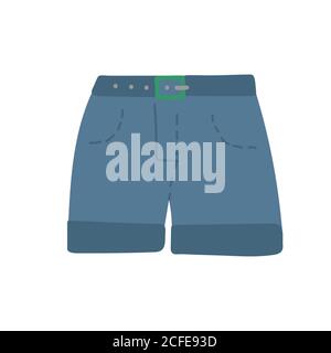 blue denim shorts with pockets and a fly. Cuffed trousers. Dark blue belt with holes and buckle. Fashionable accessory. Hand drawn cartoon vector Stock Vector