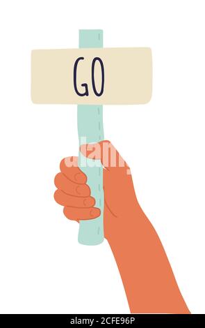Cartoon vector illustration of Go banner in human hand on white background. Test question. Choice hesitate, dispute, opposition, choice, dilemma Stock Vector