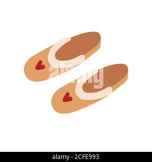 Hand drawn cartoon slippers decorated with red hearts. Soft cozy home shoes for comfortable rest. Vector illustration isolated on white background. Stock Vector