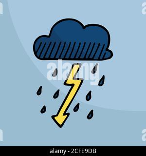 Colored blue thundercloud with lightning and raindrops. doodle cloud illustration hand drawn vector. One simple cloud on the sky. Thick black stroke i Stock Vector