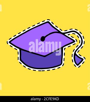 Colored sticker of hand drawn student s cap. The end of College. Funny picture with dotted stroke. Doodle illustration black stroke isolated on white Stock Vector