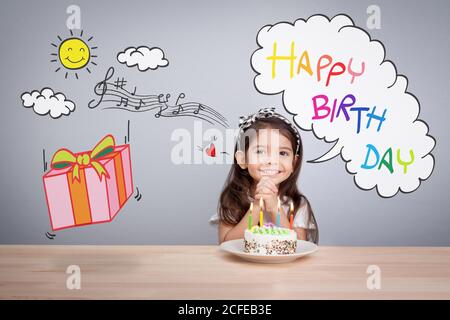 cute girl make a wish on birthday cake with candle. Happy Birthday background. Greeting background for card, flyer, poster, sign, banner, web Stock Photo