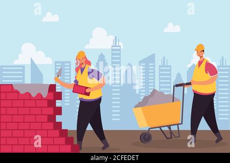 construction workers with bricks wall structure over white background ...