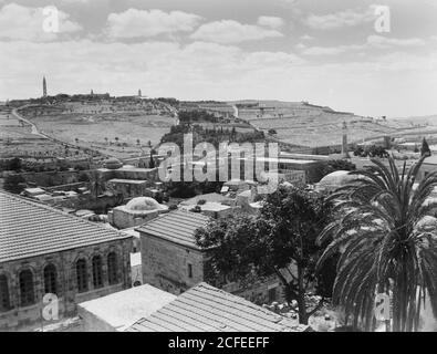 Original Caption:  Mt. of Olives & St. Anne's Church from Indian hostel inside Herod's Gate  - Location: Jerusalem ca.  1940-1946 Stock Photo