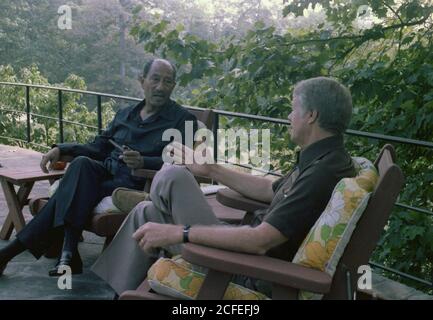 Anwar Sadat and Jimmy Carter at Camp David ca.  12 September 1978 Stock Photo