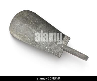 Top view of old metal flour scoop isolated on white Stock Photo