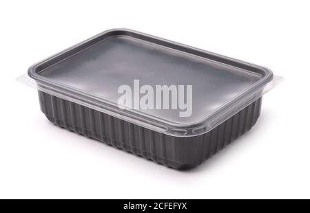 Black disposable plastic food container isolated on white Stock Photo